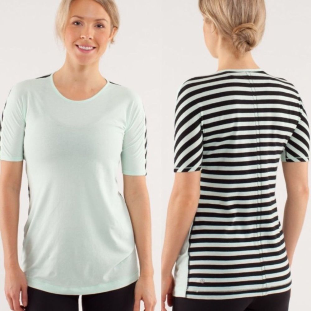 Lululemon Mint & Black Striped Devotion Tee Short‎ Sleeve Size 8